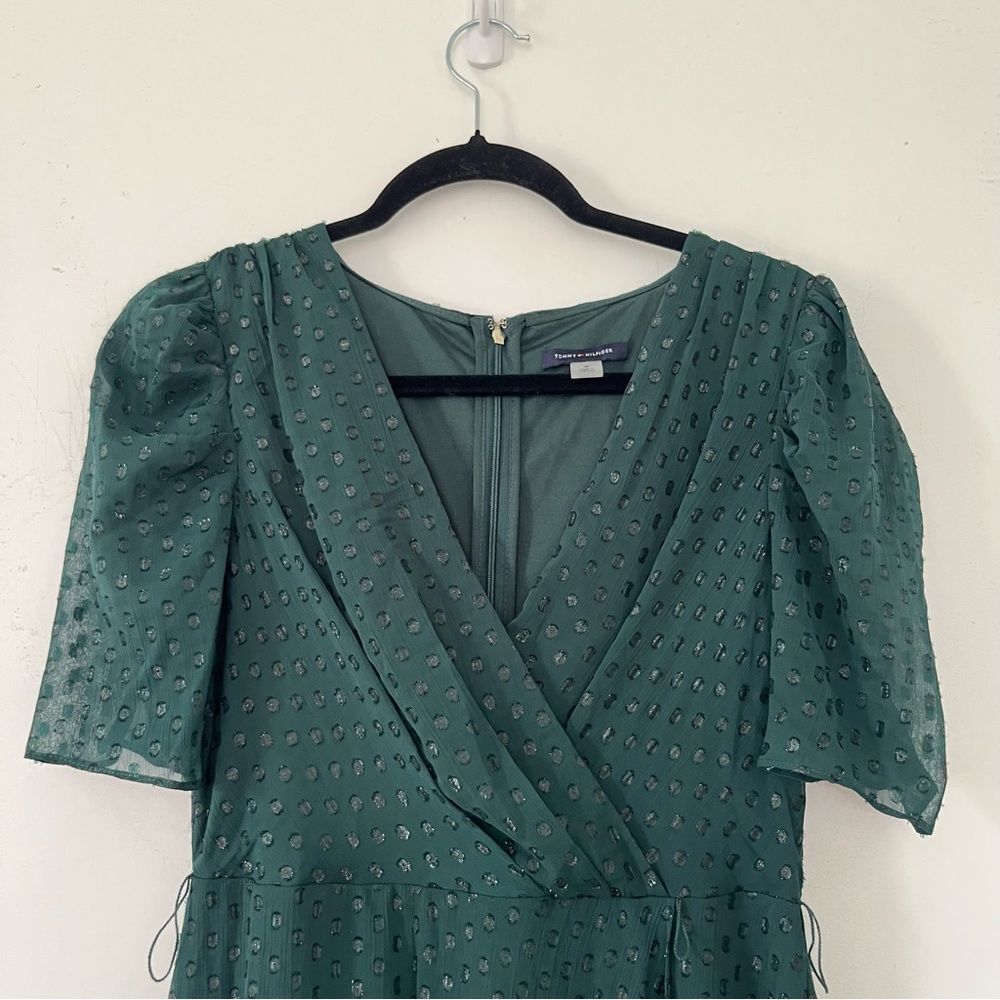 Tommy Hilfiger Emerald Green Faux Wrap Midi Dress Puff Sleeve Glitter Dot - Picture 14 of 16